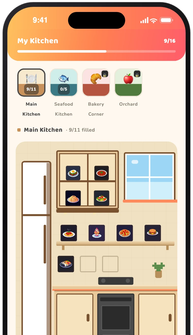 La schermata La Mia Cucina con gli scaffali in pixel art e le stanze a tema bloccate